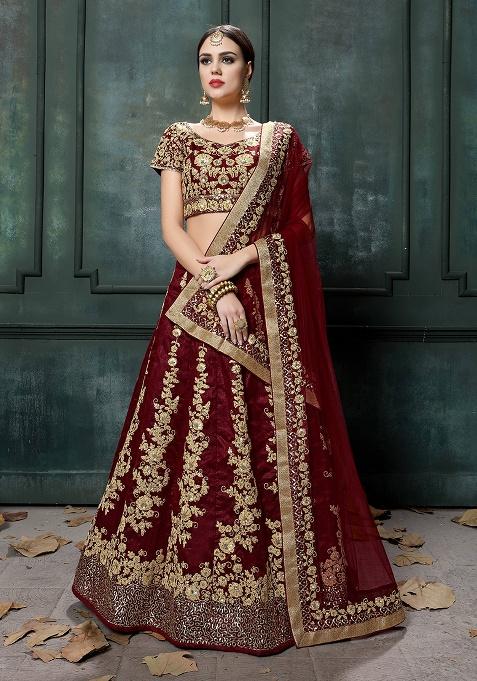 Maroon Embroidered Silk Lehenga Set