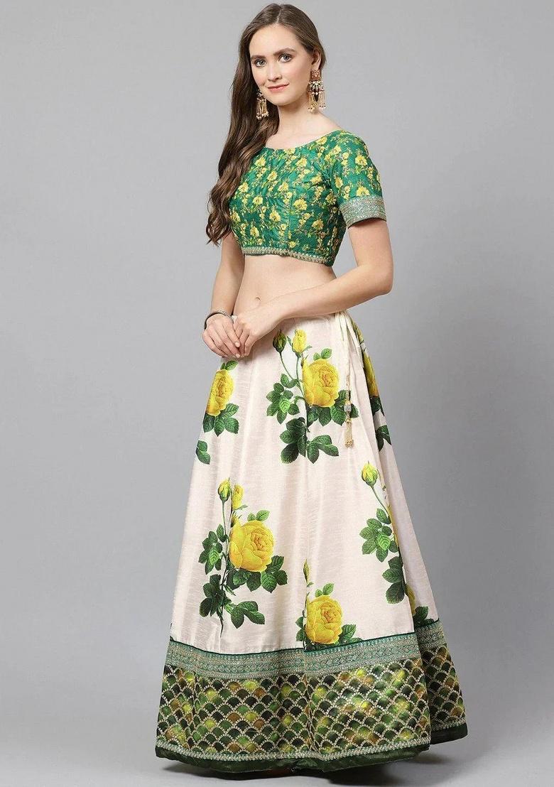 Off White Embroidered Silk Lehenga Set - Indya