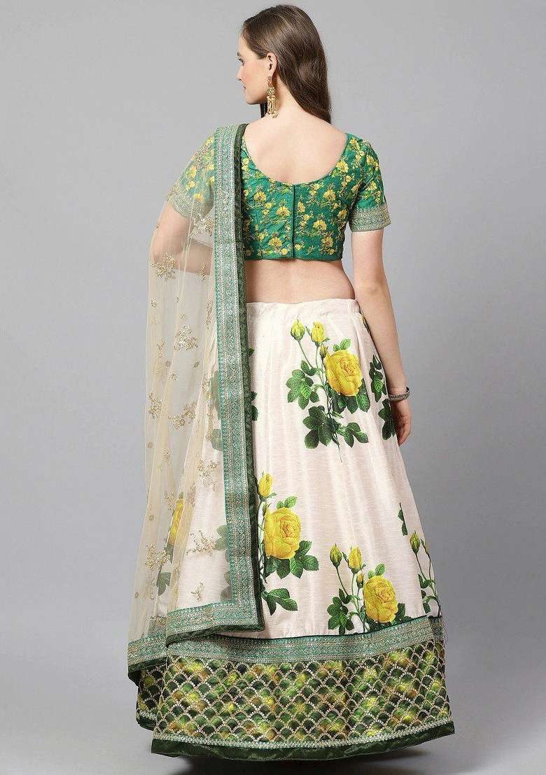 Off White Embroidered Silk Blend Lehenga Set for Diwali and Festive Wear - Indya