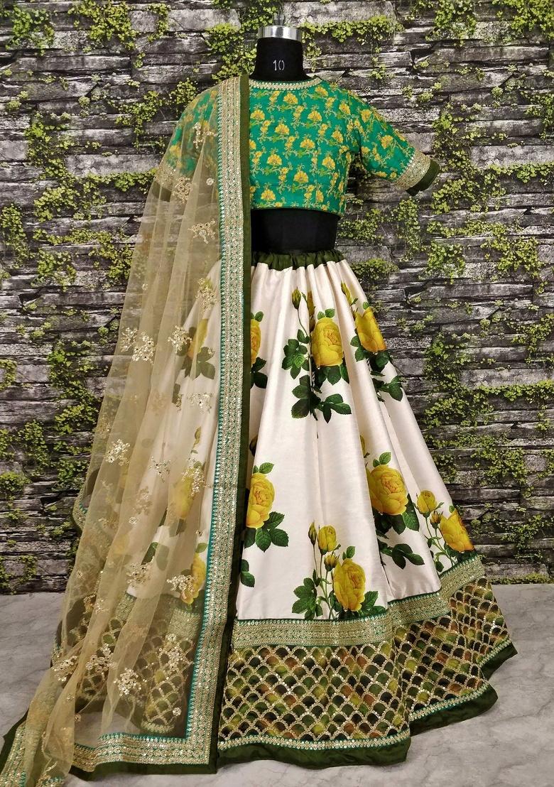 Off White Embroidered Silk Lehenga Set - Indya