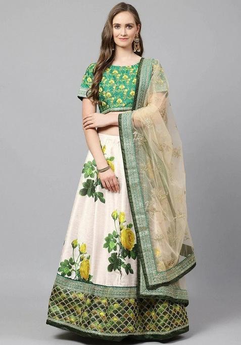 Off White Embroidered Silk Lehenga Set