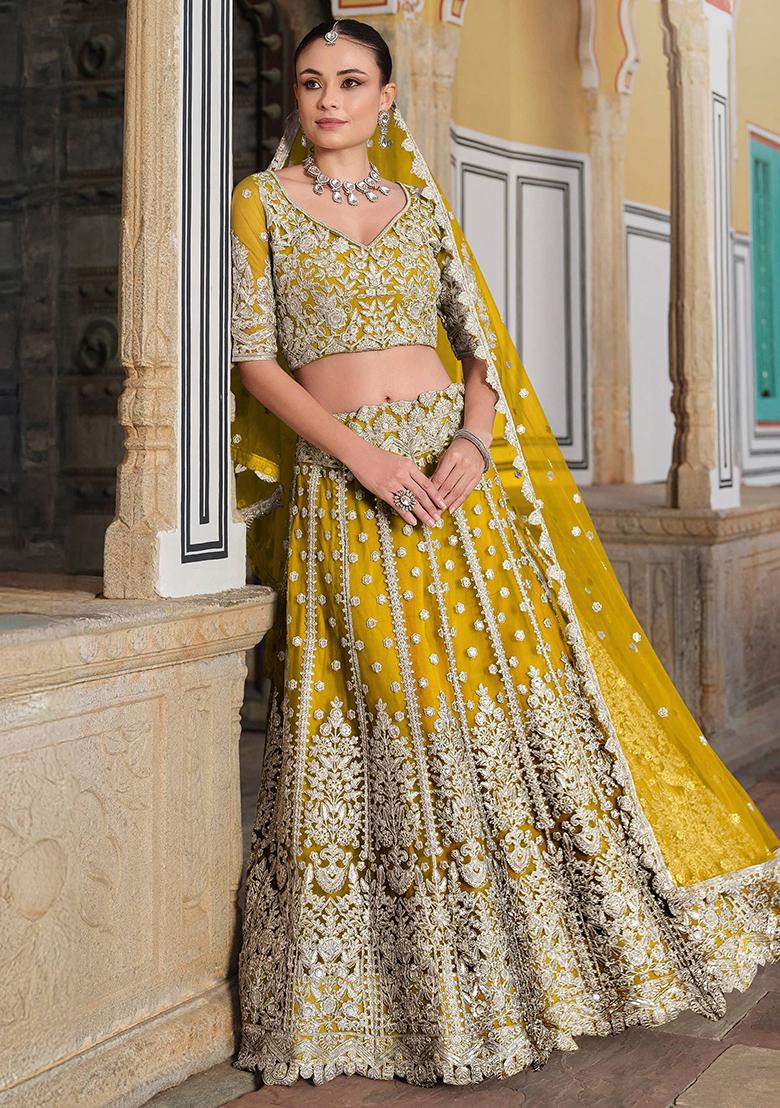 Yellow Embroidered Net Lehenga Set - Indya