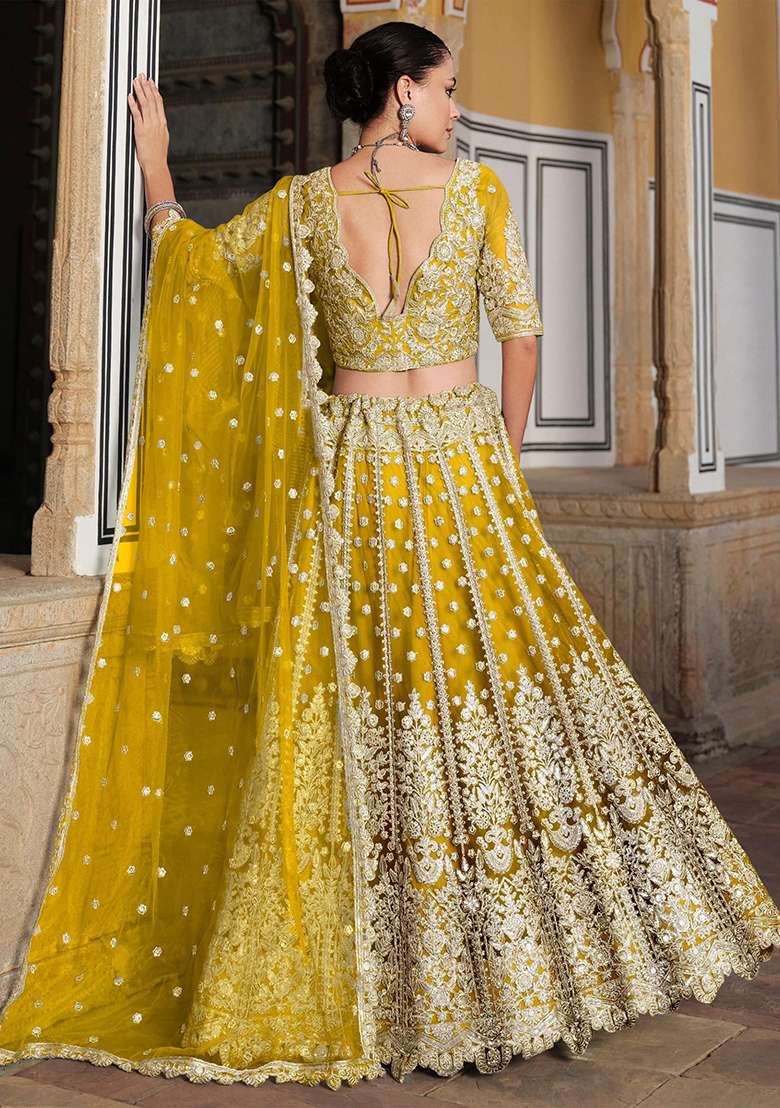 Yellow Embroidered Net Lehenga Set - Indya