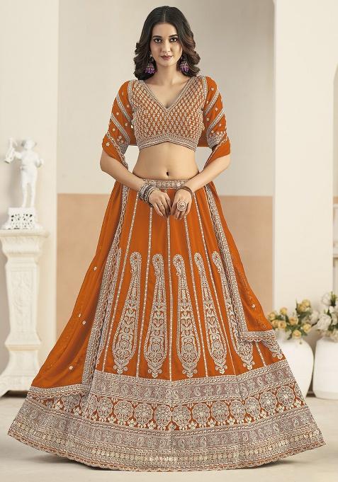 Orange Sequin Georgette Lehenga Set