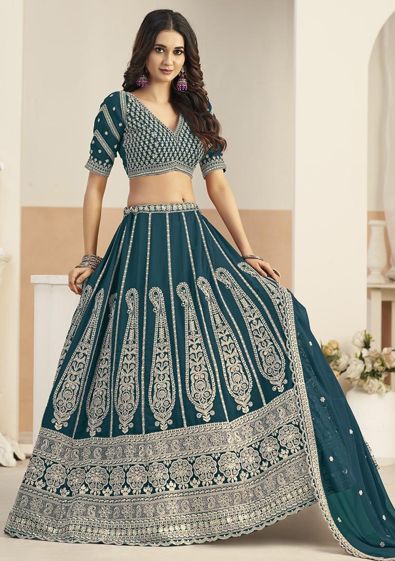 Teal Green Sequin Georgette Lehenga Set - Indya