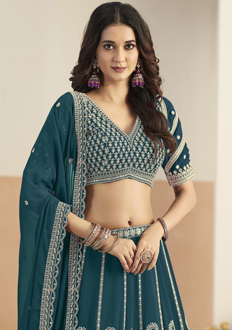 Teal Green Sequin Georgette Lehenga Set - Indya