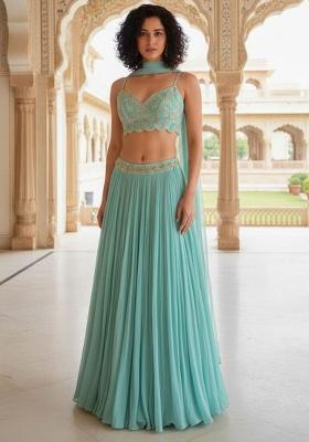 Green Embroidered Georgette Lehenga Set