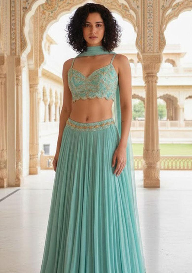 Green Embroidered Georgette Lehenga Set - Indya