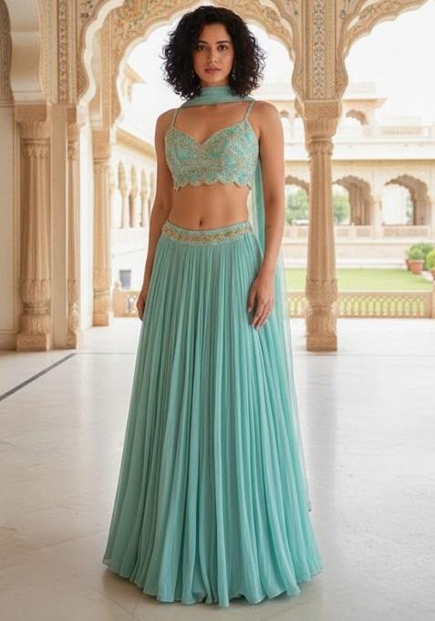 Green Embroidered Georgette Lehenga Set