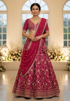 Pink Embroidered Silk Lehenga Set
