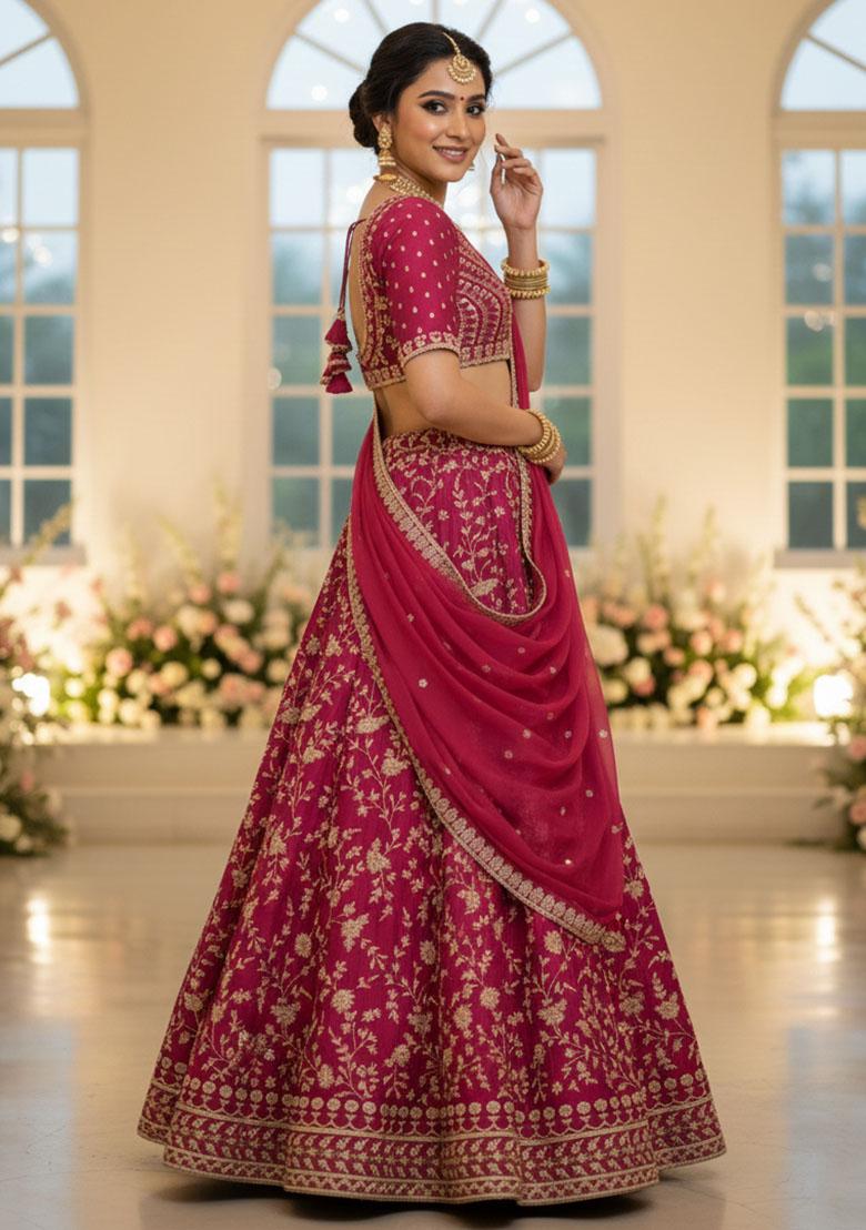 Pink Embroidered Silk Lehenga Set - Indya