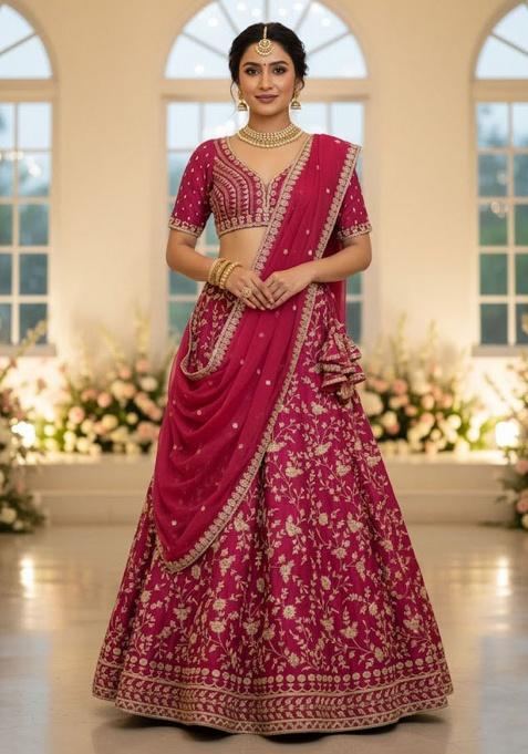 Pink Embroidered Silk Lehenga Set