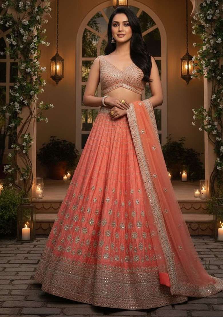 Orange Silk Blend Lehenga Set with Embroidered for Diwali | Wedding & Festive Wear - Indya