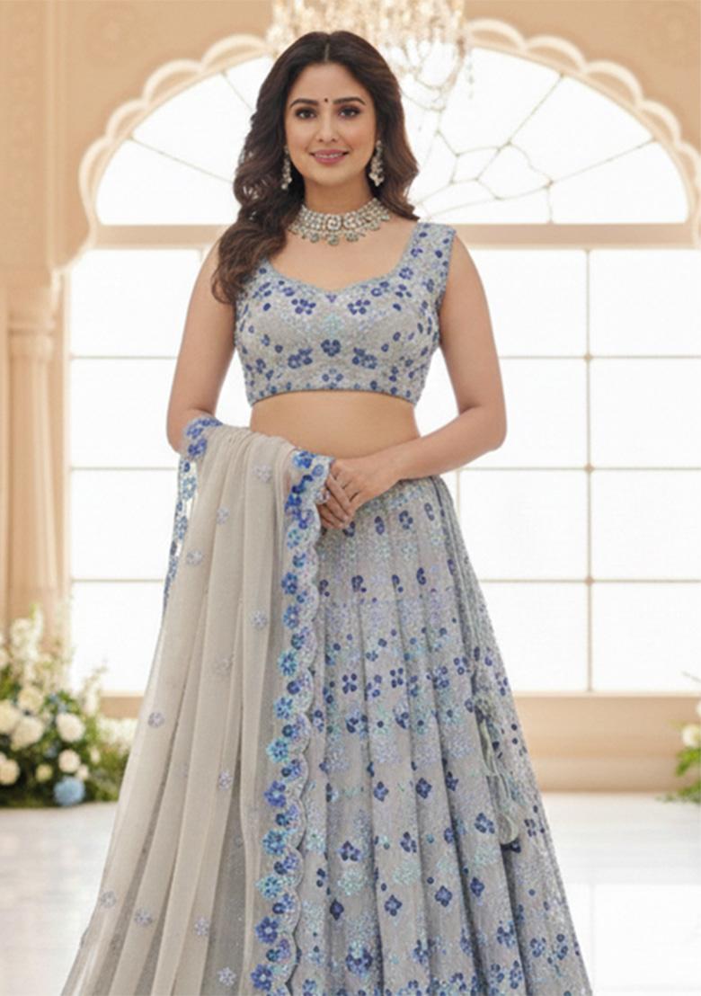 Multicolor Embroidered Georgette Lehenga Set - Indya