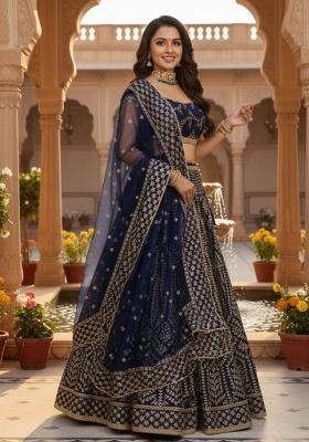 Blue Embroidered Silk Lehenga Set
