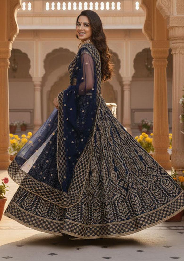 Blue Embroidered Silk Lehenga Set - Indya