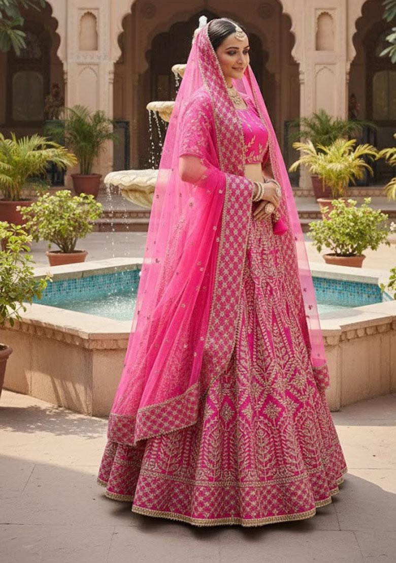Pink Embroidered Silk Lehenga Set - Indya