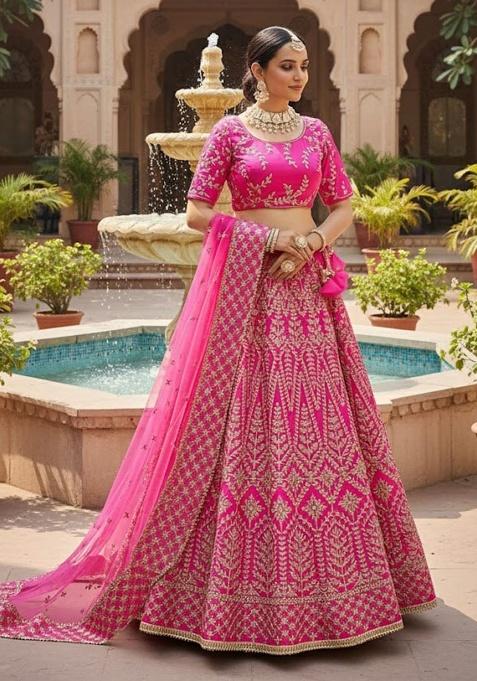 Pink Embroidered Silk Lehenga Set