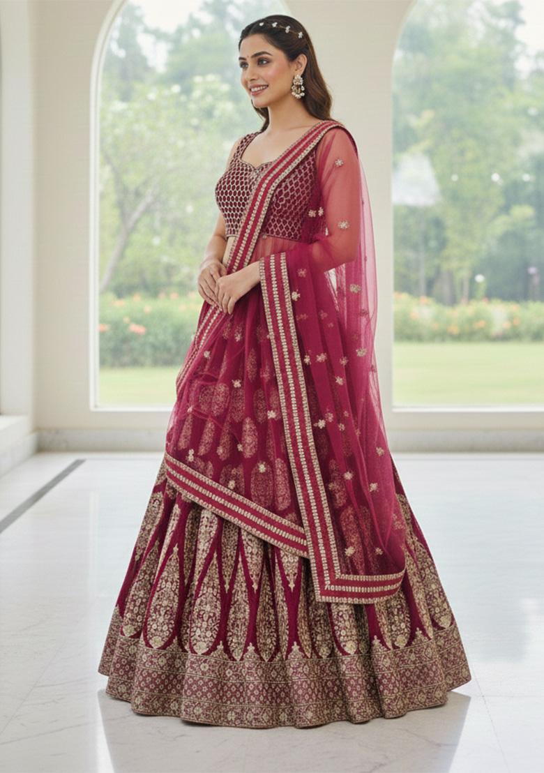 Pink Embroidered Georgette Lehenga Set - Indya