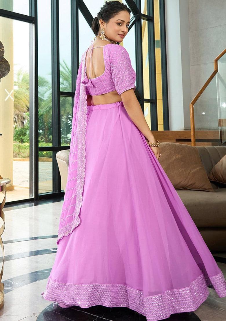 Lavender Embroidered Georgette Lehenga Set - Indya