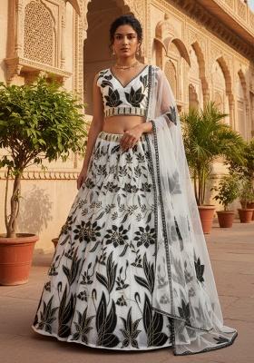 Off White Embroidered Georgette Lehenga Set