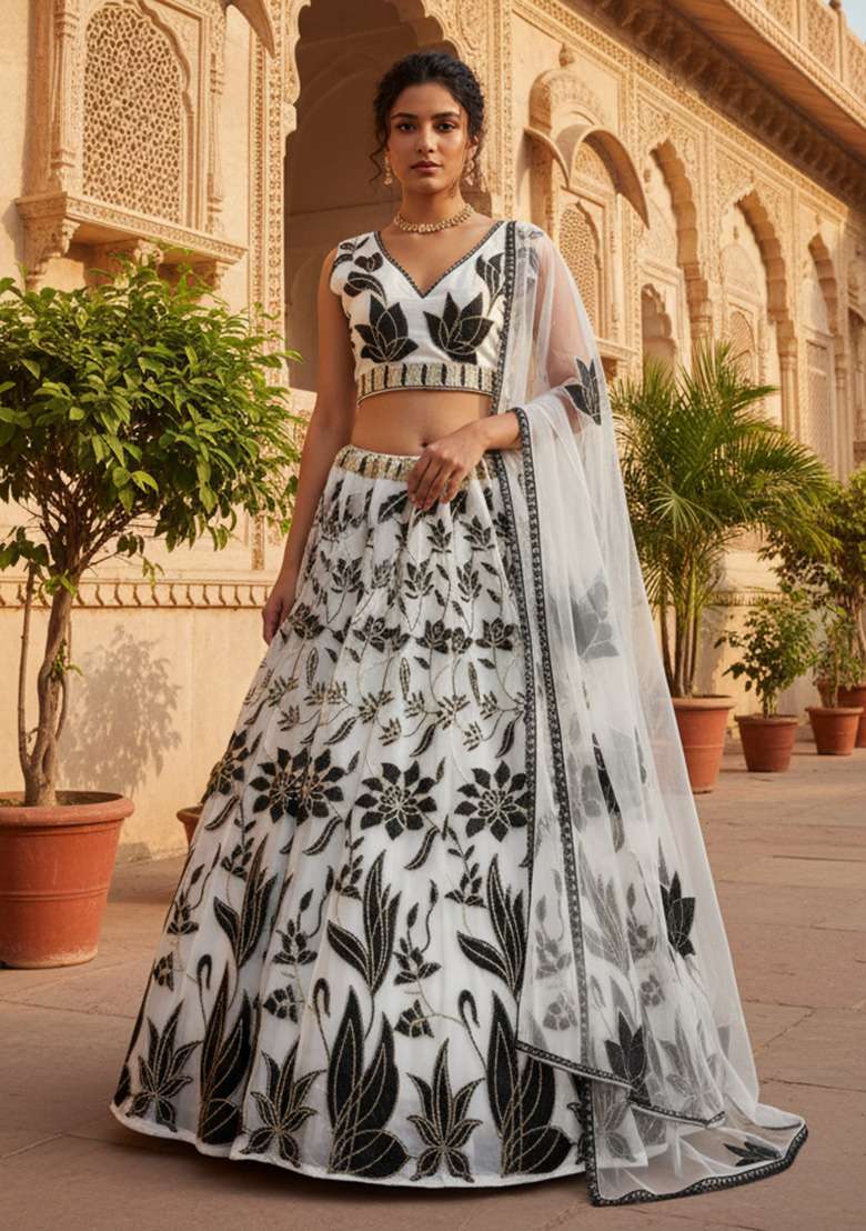 Off White Georgette Lehenga Set with Embroidered for Diwali | Wedding & Festive Wear - Indya