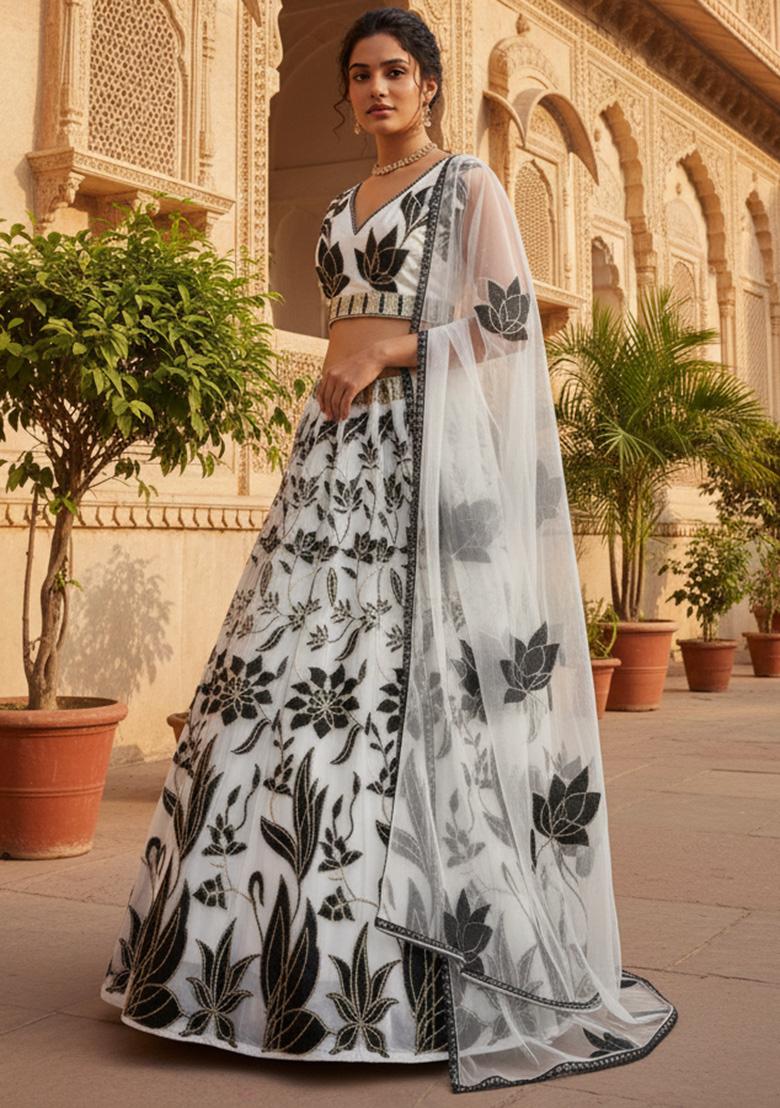 Off White Embroidered Georgette Lehenga Set - Indya