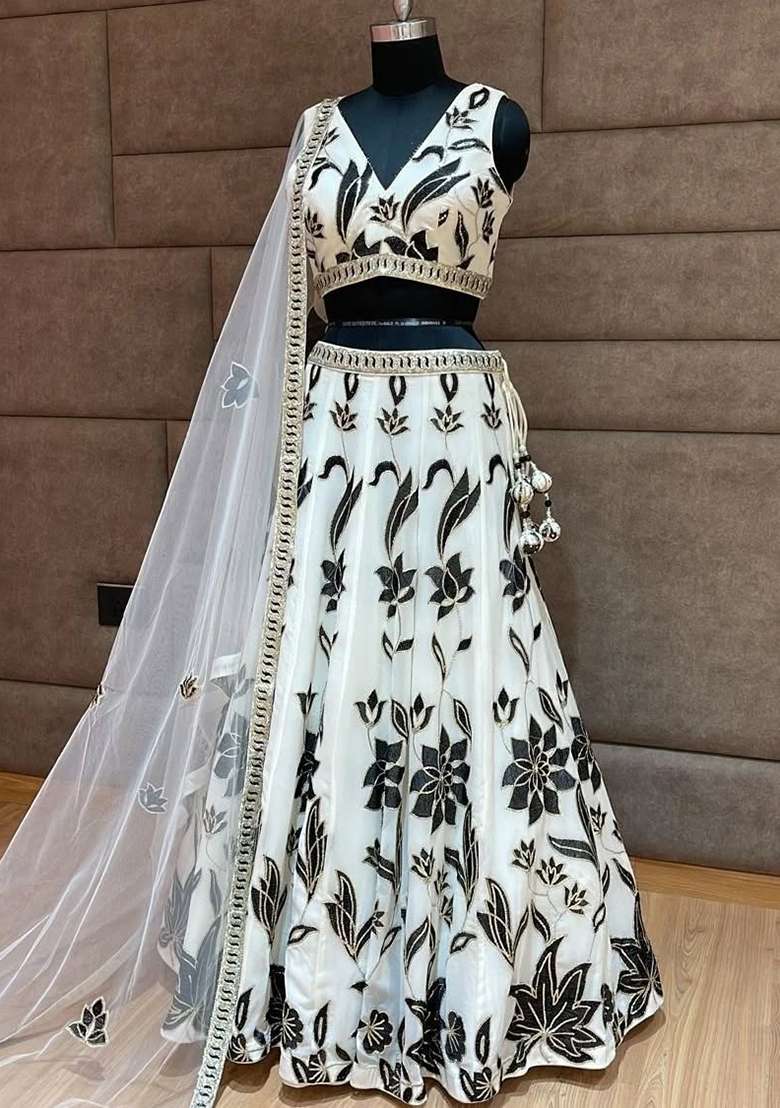 Off White Georgette Lehenga Set with Embroidered for Diwali | Wedding & Festive Wear - Indya