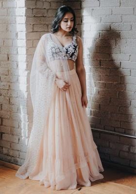 Peach Embroidered Georgette Lehenga Set
