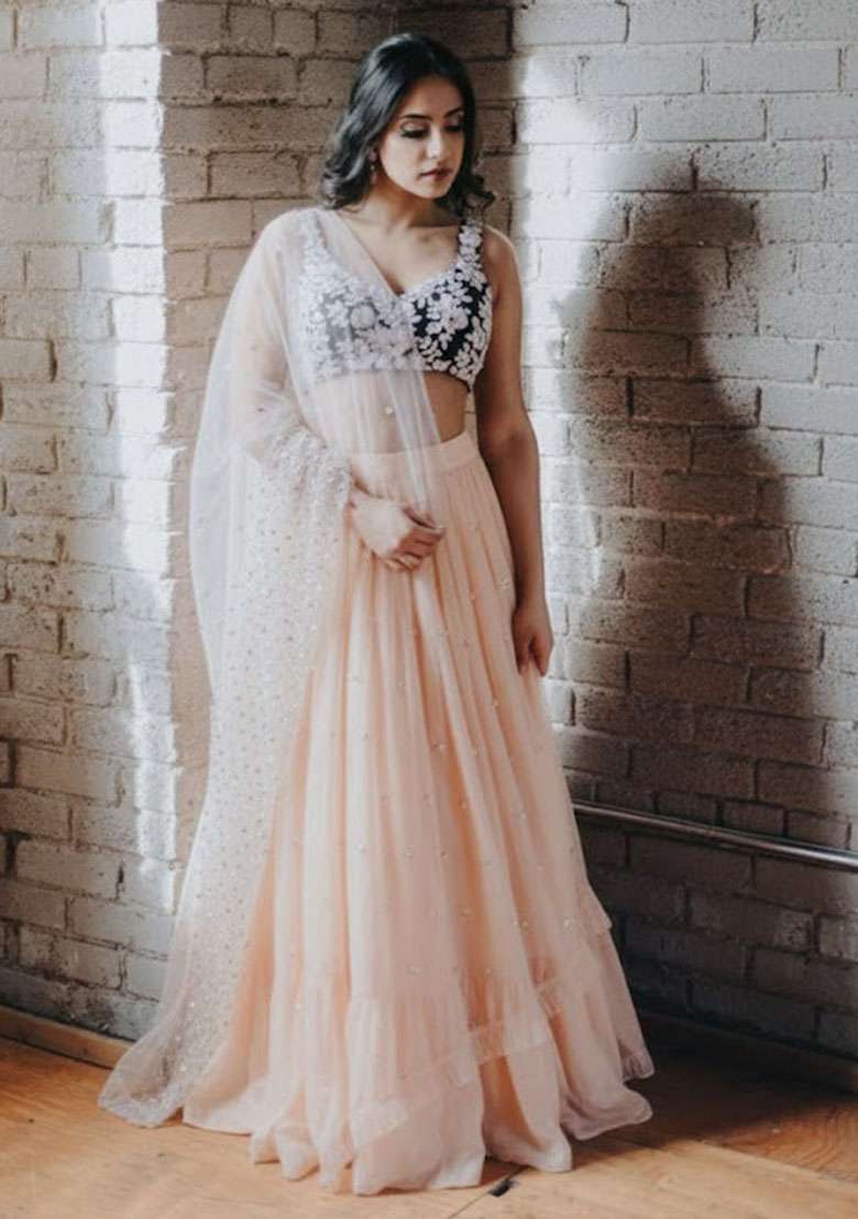 Peach Embroidered Georgette Lehenga Set for Diwali and Festive Wear - Indya