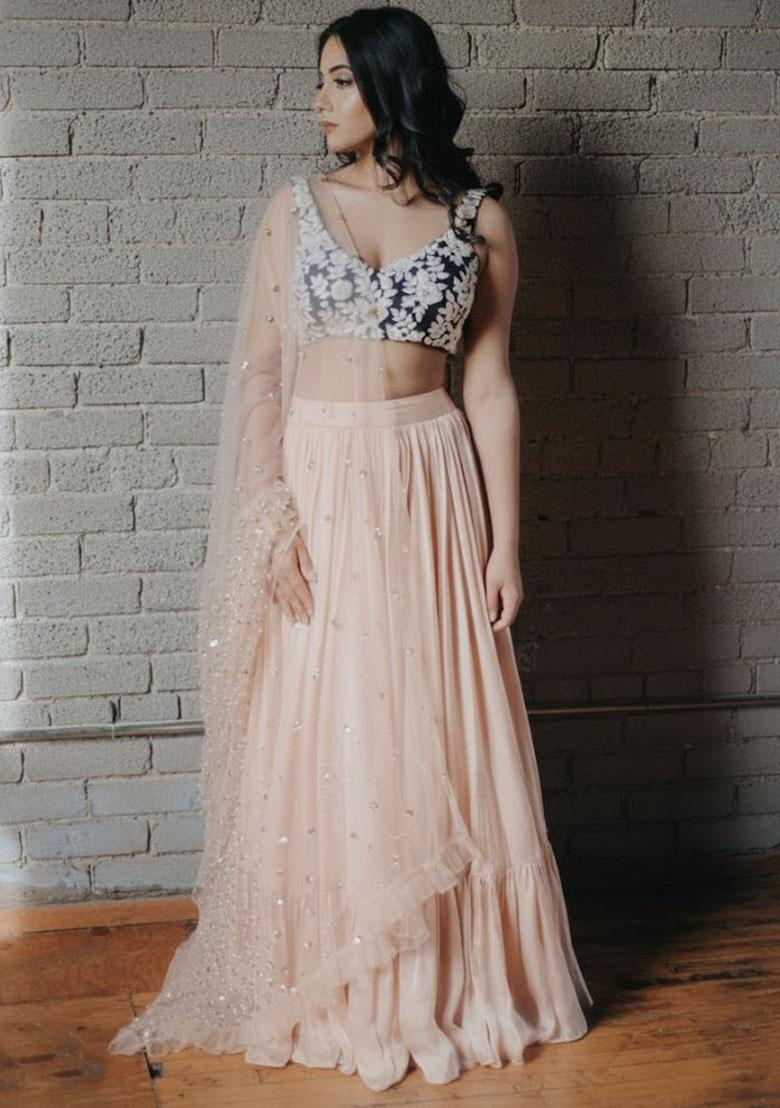 Peach Embroidered Georgette Lehenga Set - Indya