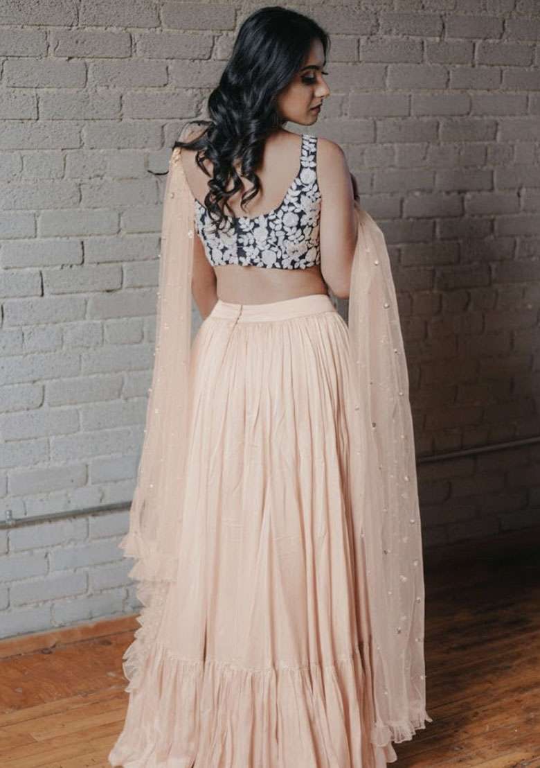 Peach Embroidered Georgette Lehenga Set for Diwali and Festive Wear - Indya