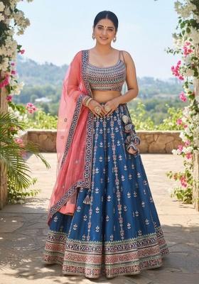 Blue Embroidered Chinon Lehenga Set