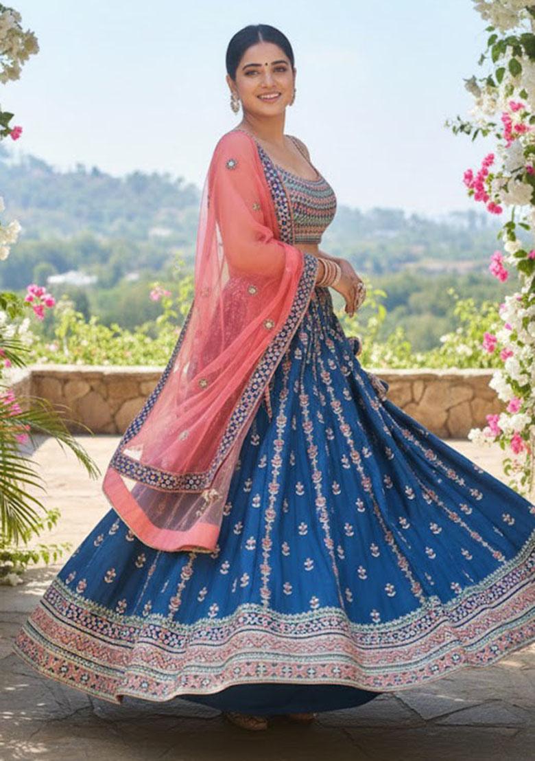 Blue Embroidered Chinon Lehenga Set - Indya