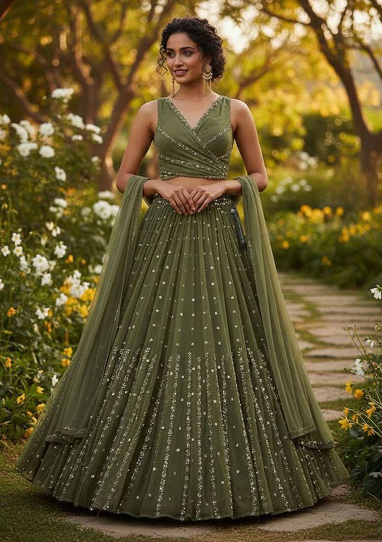 Mehendi Green Embroidered Georgette Lehenga Set for Diwali and Festive Wear - Indya