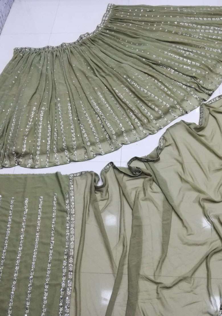 Mehendi Green Embroidered Georgette Lehenga Set for Diwali and Festive Wear - Indya