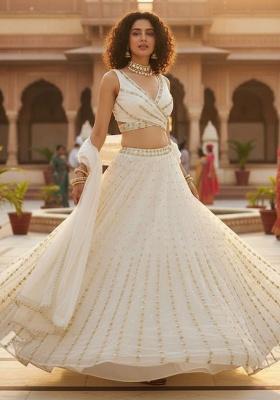 Off White Embroidered Georgette Lehenga Set