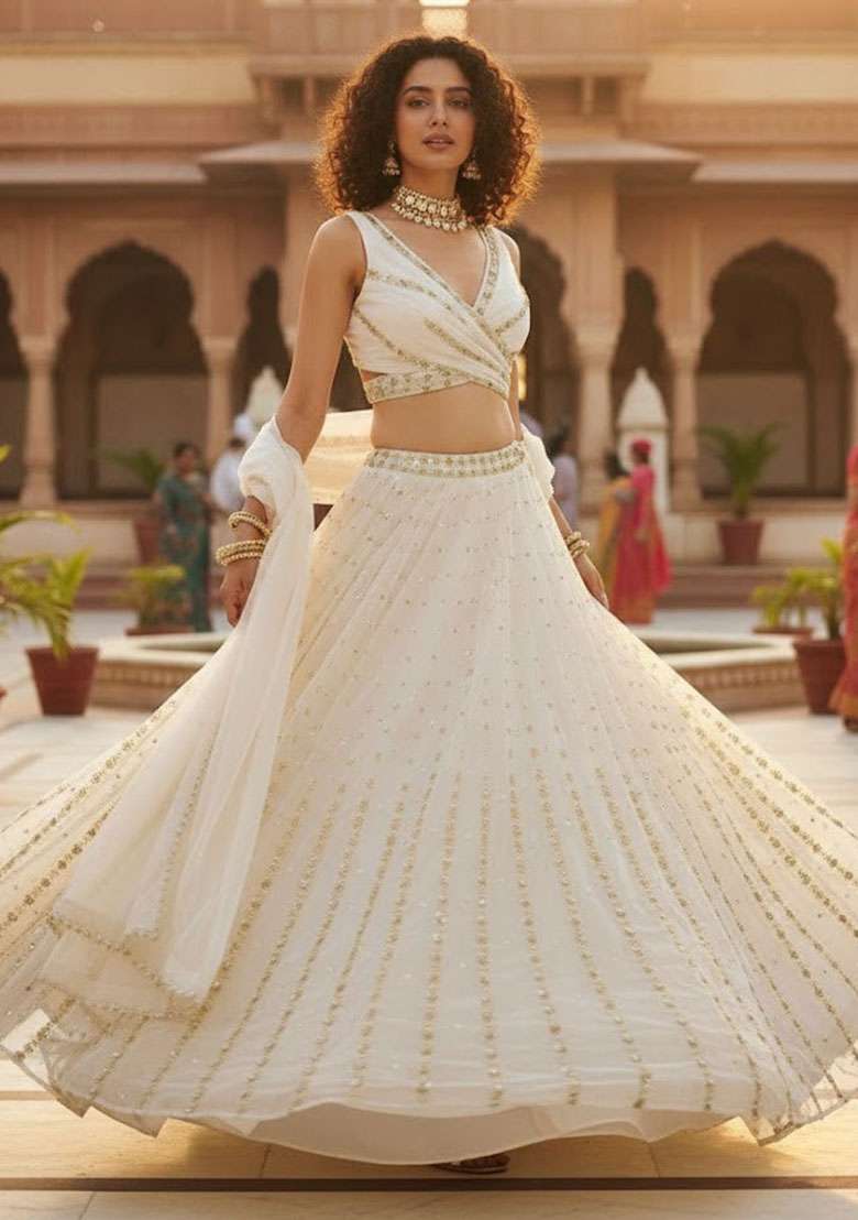 Off White Georgette Lehenga Set with Embroidered for Diwali | Wedding & Festive Wear - Indya