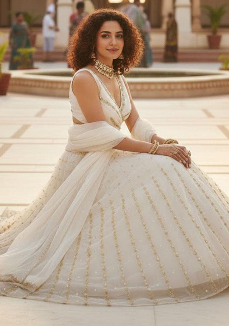 Off White Embroidered Georgette Lehenga Set - Indya