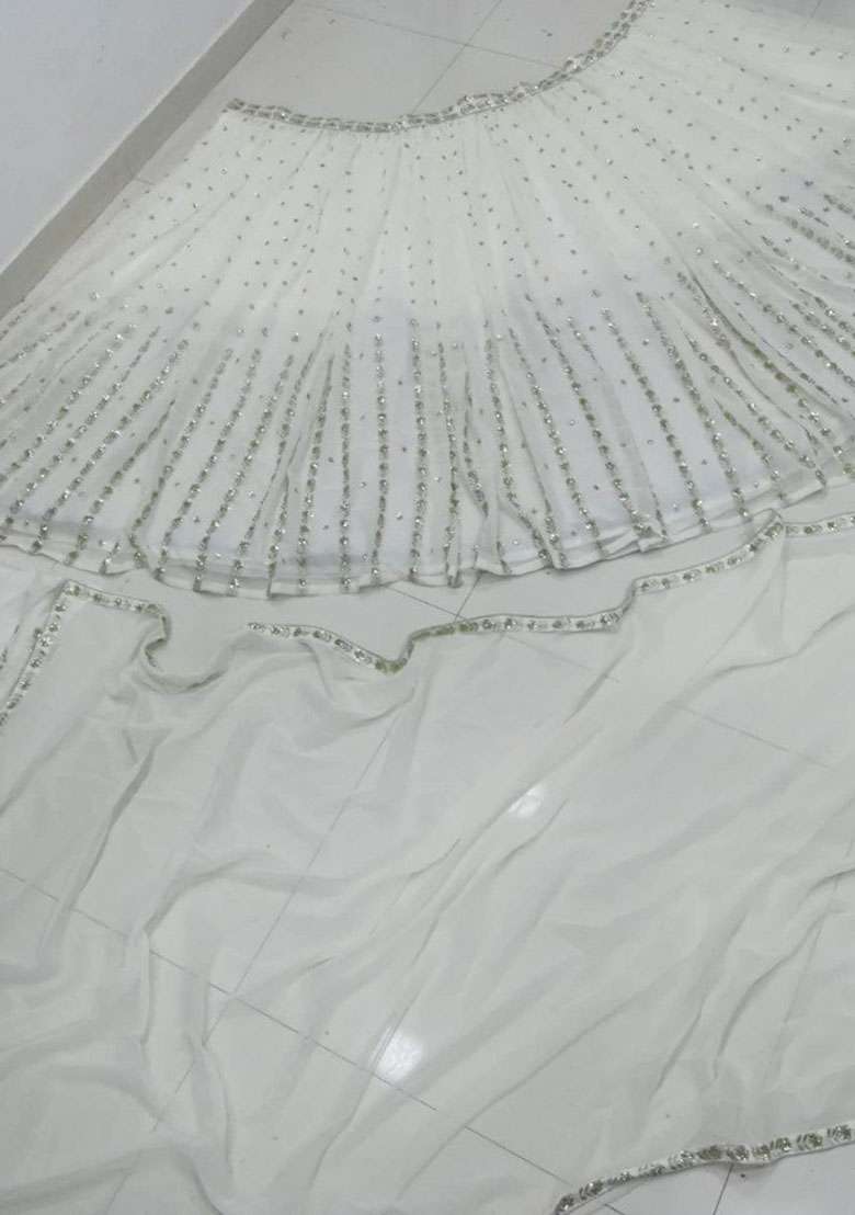 Off White Georgette Lehenga Set with Embroidered for Diwali | Wedding & Festive Wear - Indya