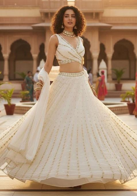 Off White Embroidered Georgette Lehenga Set