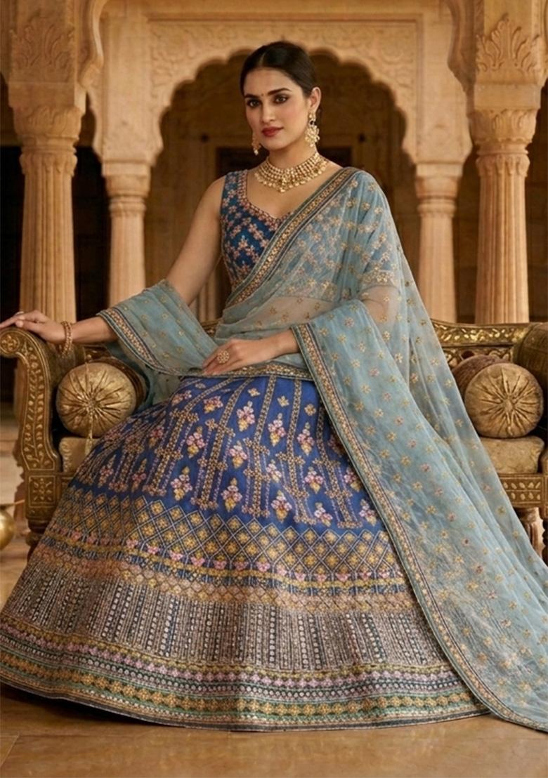 Blue Embroidered Chinon Lehenga Set - Indya