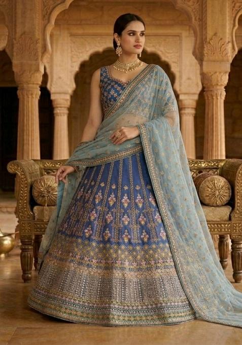 Blue Embroidered Chinon Lehenga Set