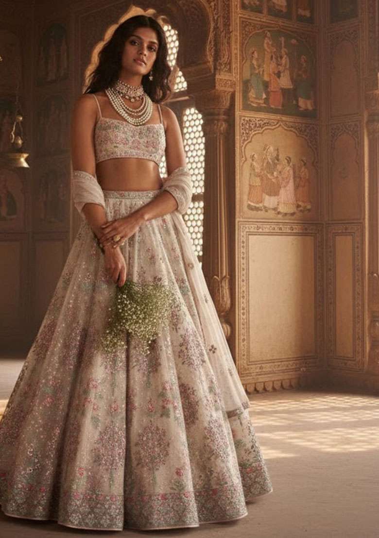 Off White Georgette Lehenga Set with Embroidered for Diwali | Wedding & Festive Wear - Indya