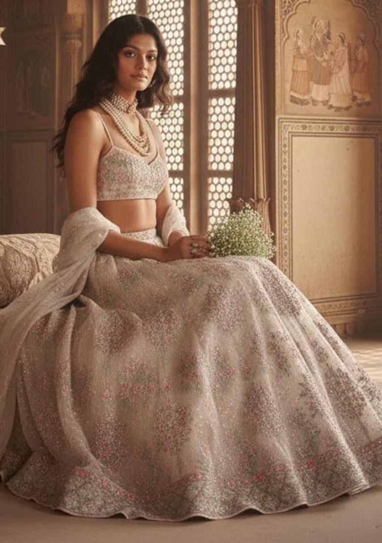 Off White Embroidered Georgette Lehenga Set - Indya