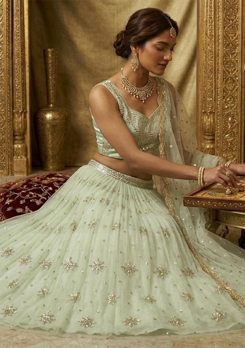 Aqua Green Embroidered Net Lehenga Set - Indya