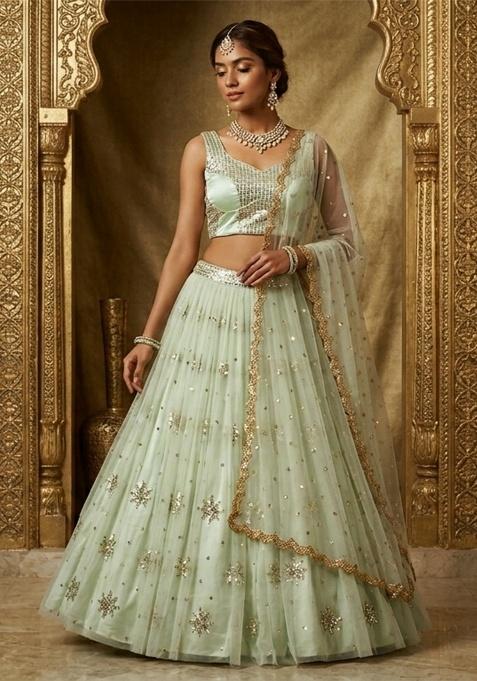 Aqua Green Embroidered Net Lehenga Set