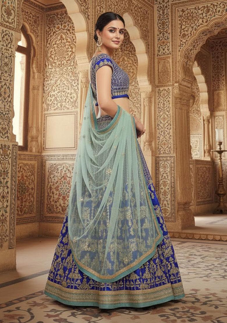 Royal Blue Embroidered Silk Lehenga Set - Indya