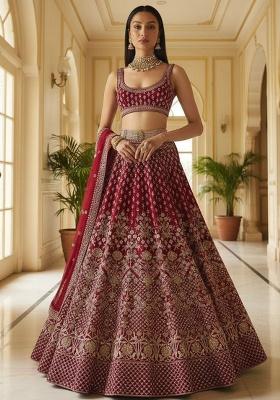 Maroon Embroidered Silk Lehenga Set