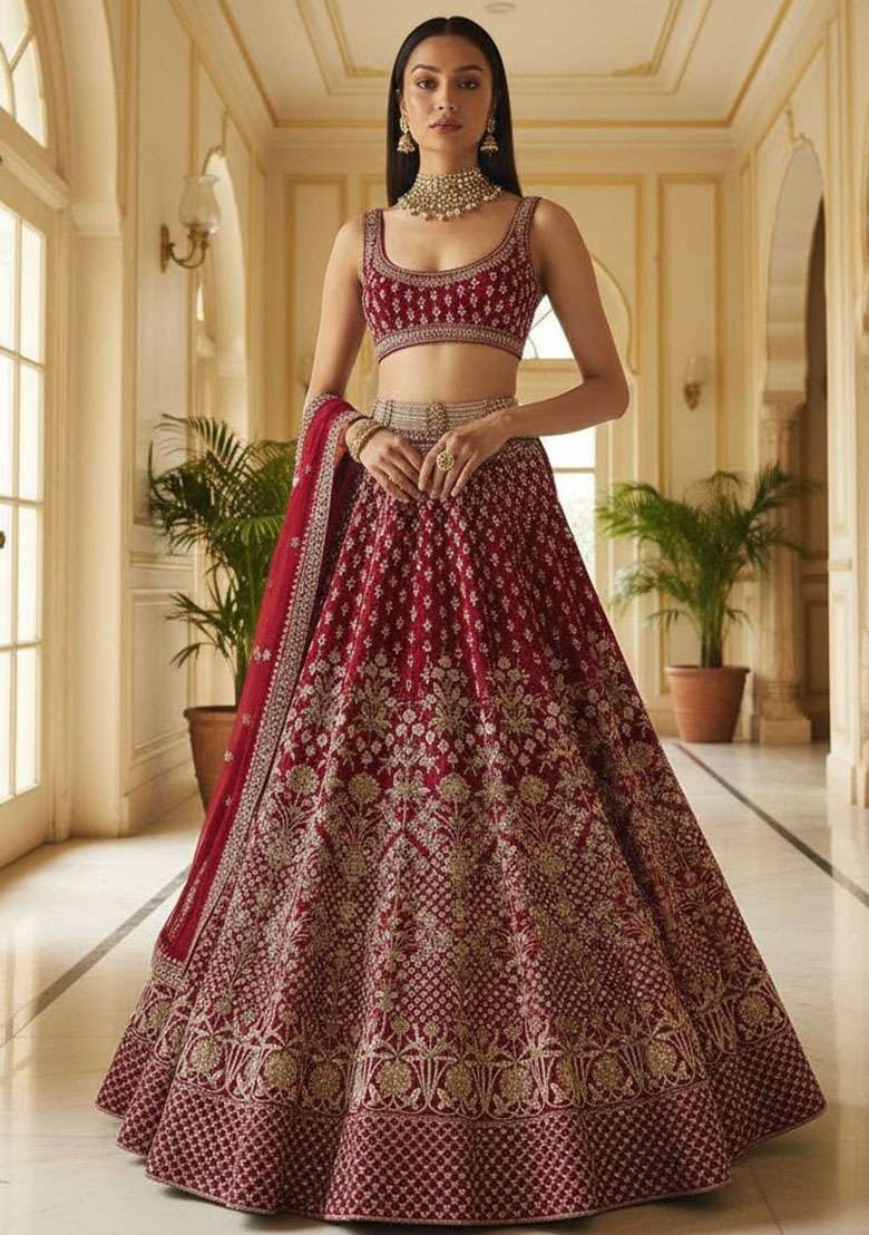 Maroon Embroidered Silk Blend Lehenga Set for Diwali and Festive Wear - Indya